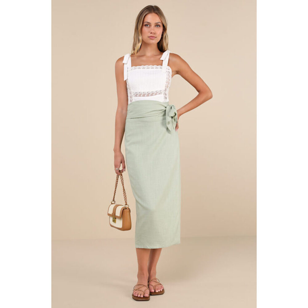 Lulus Breezy Personality Sage Green Linen Midi Wrap Skirt - Size XS